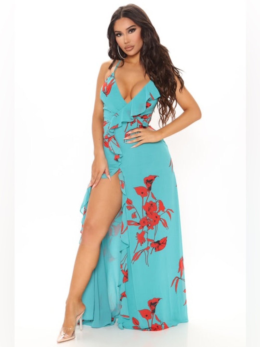 Fashion Nova Turquoise and Red Floral Dress